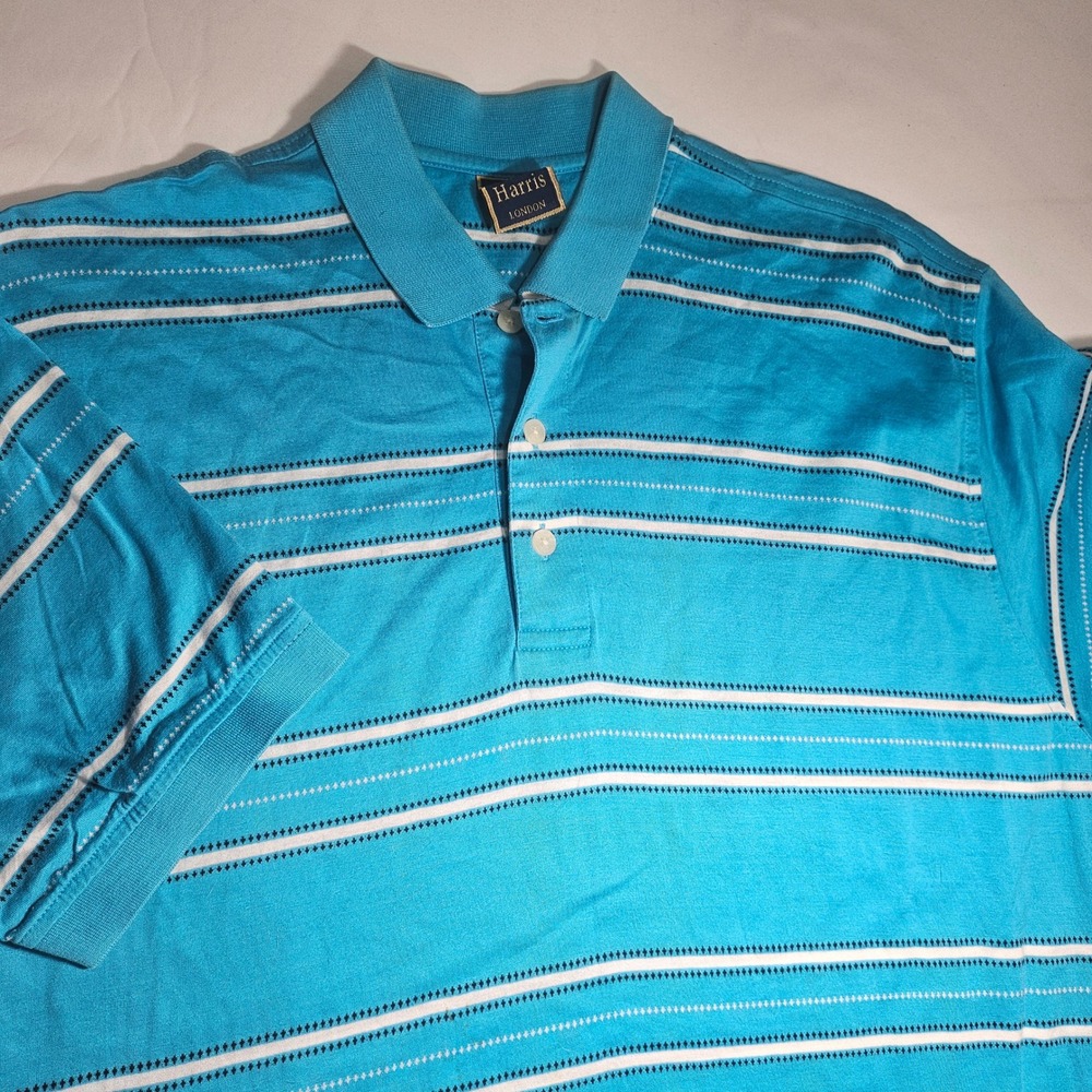 T. Harris London Mens Turquoise Blue Striped Cotton Short Sleeve Polo Shirt M